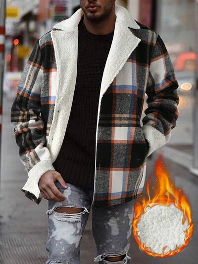 Men's Plaid Thermal Lined Woolen Coat With Collar And Buttons