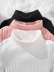 3pcs/set Tween Girls' Sweet & Cool Solid Knit Short Sleeve T-shirt With Mock Neck For Daily Wear - White - View 4