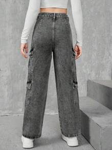 SHEIN Pantalones Vaqueros Con Bolsillos De Estilo De Ropa De Trabajo Para Adolescentes - Gris Oscuro - Ver 2
