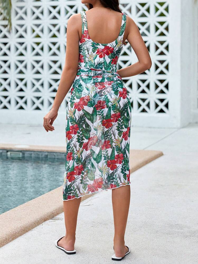 Women's Flower Pattern Print One-Piece Swimsuit With Vest Top And Skirt Cover-Up Summer