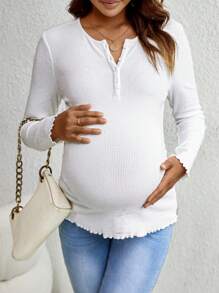 SHEIN Thai sản Nút Nửa Ren Mộc nhĩ Áo thun - trắng - Xem 6