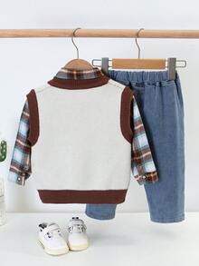 Young Boy Plaid Print Shirt & Cartoon Pattern Sweater Vest & Jeans - Brown - View 2
