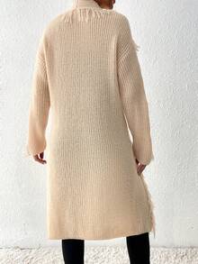 SHEIN LUNE Túi Kép Viền rìa Thả vai Áo len Duster - Màu Khaki - Xem 2