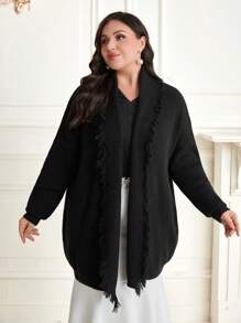 Mulvari Cárdigan de talla grande con hombros caídos y flecos - Negro - Ver 3