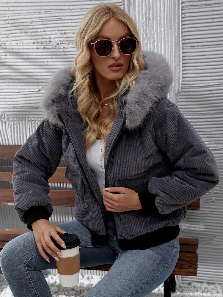 Hooded Corduroy Padded Padded Coat Clothes Winter With Fur Collar