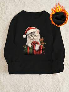 SHEIN Slayr Christmas Cat Print Drop Shoulder Thermal Sweatshirt - Black - View 5