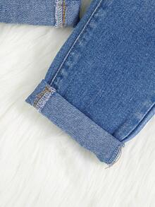 SHEIN Nhỏ bé Cô gái Nhân vật In Quần yếm Denim - Rửa trung bình - Xem 7