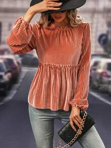 SHEIN LUNE 女性燈籠袖襯衫帶荷葉邊 - 藕粉色 - 查看 6