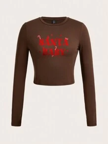 SHEIN Qutie Women's Letter Printed T-shirt - Brown - View 1