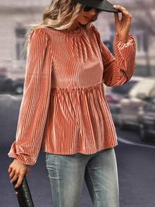 SHEIN LUNE 女性燈籠袖襯衫帶荷葉邊 - 藕粉色 - 查看 5