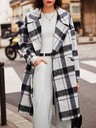 SHEIN Frenchy 落肩雙扣格子大衣
