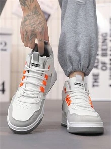 2024新款男士皮革拼接高筒運動鞋，鞋面紋理隨機，多色積木式平底滑板鞋，適用於步行街道，全年使用 - 白色 - 查看 3