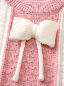 新生女嬰秋冬拼色蝴蝶結細部毛衣套裝 - 粉色 - 查看 7