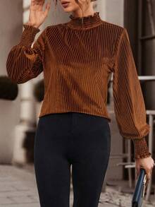 SHEIN Frenchy Ladies' Solid Color T-shirt With Frilled Edged Neckline - Rust Brown - View 3