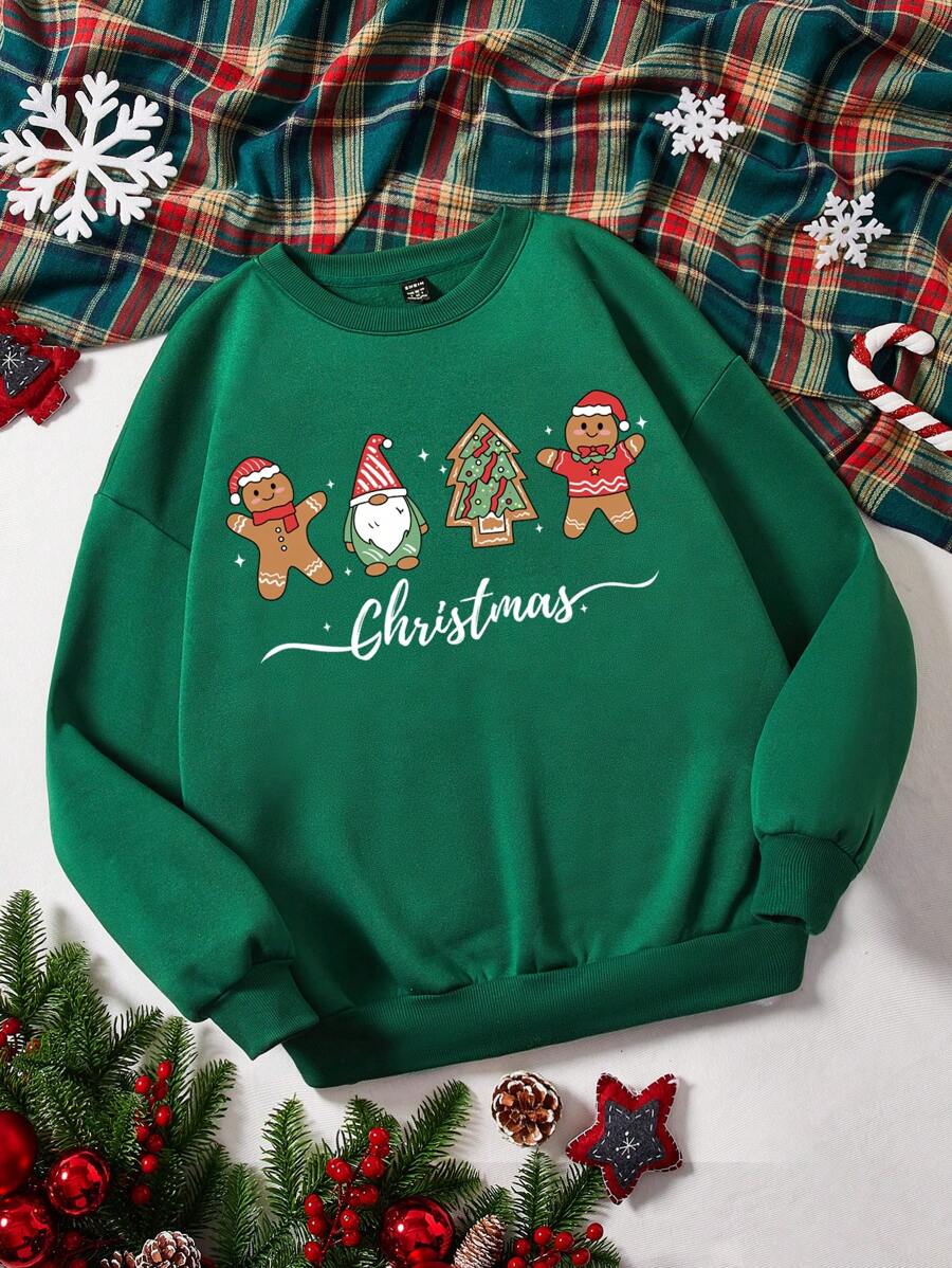 SHEIN LUNE Của phụ nữ Giáng sinh In Lông cừu Áo nỉ - Màu xanh lá cây đậm - Xem 1