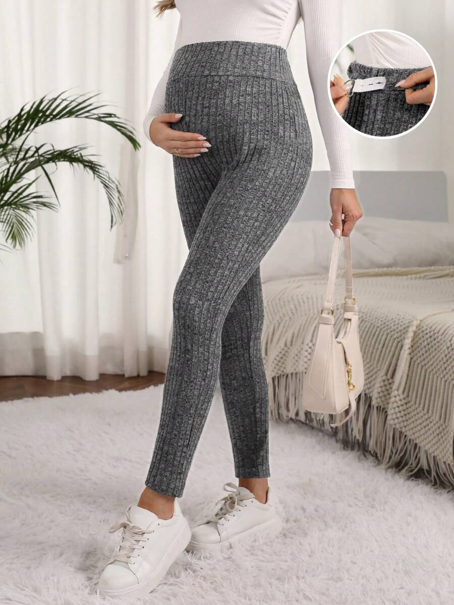 SHEIN Có thai Của phụ nữ Vòng eo có thể điều chỉnh Sọc Xà cạp - Màu xám đen - Xem 1