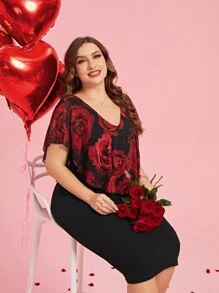 SHEIN Clasi Bloemenpatroon Korte Mouw Plus Size Lente Bruidsjurk, Valentijnsdag