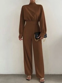 SHEIN Privé 女款高領純色連身褲 - 咖啡棕 - 查看 3