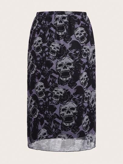 Women's Elastic Waist Casual Fashionable Skull All-Over Print A-Line Long Skirt