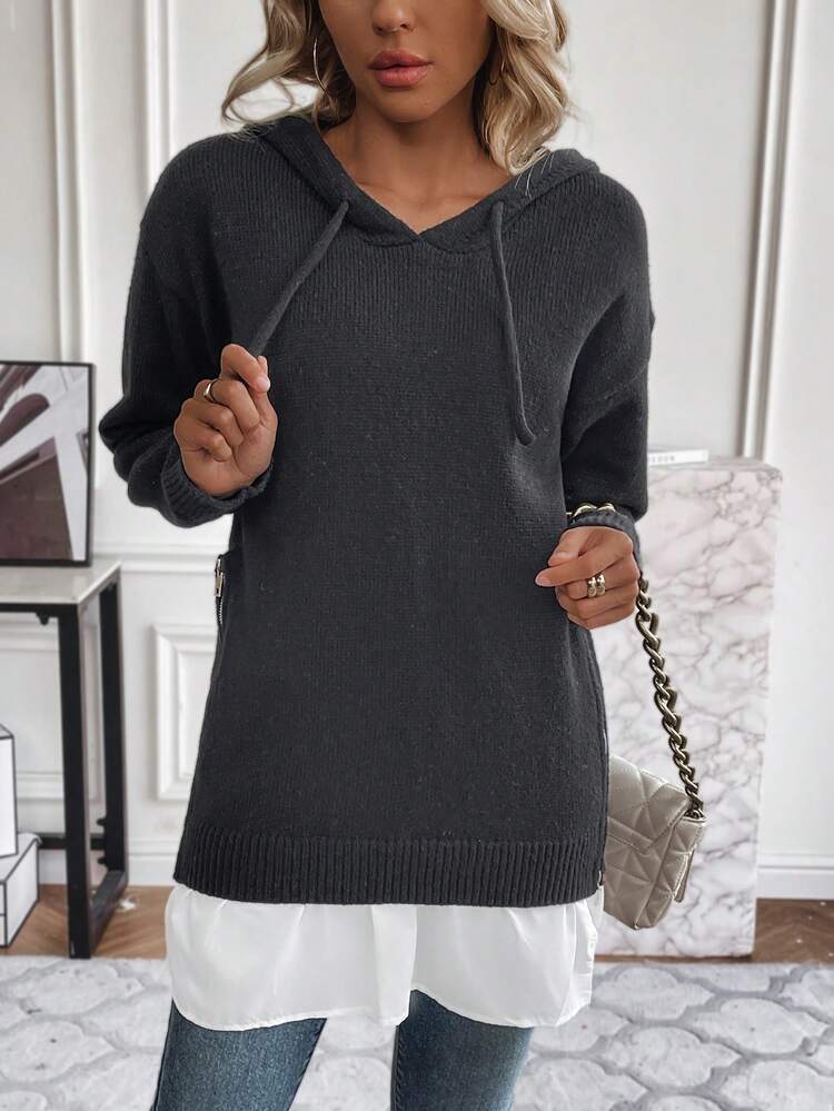 Hooded Sweater With Zipper, Split Hem And Drawstring Detail Knit Pullover Fall Winter Sweater