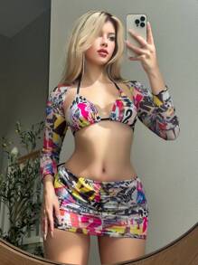 Graffiti Print Separated Bikini Set Four-Piece Set Summer Beach - Multicolor - View 1