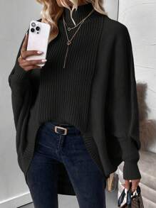 SHEIN Essnce 女式黑色立领蝙蝠袖宽松针织毛衣，高低款 - 黑色 - 查看 1