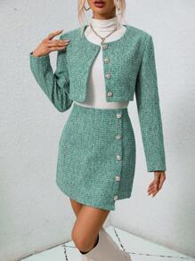 SHEIN Essnce 優雅的單排扣短夾克和裙子套裝 - 綠色 - 查看 1
