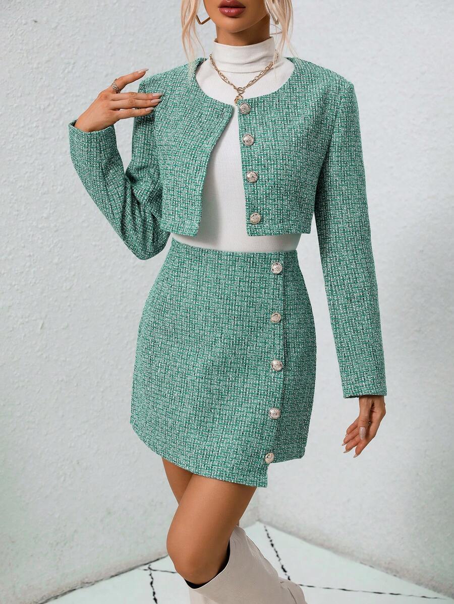 SHEIN Essnce 優雅的單排扣短夾克和裙子套裝 - 綠色 - 查看 1