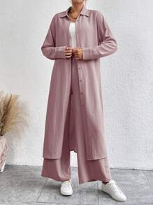 SHEIN LUNE Solid Color Drop Shoulder Long Shirt And Wide Leg Pants Two-Piece Set - Pink - View 4