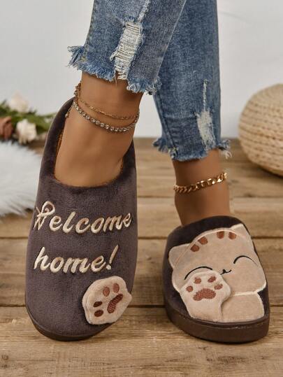 Pantofole imbottite con ricamo a cartone animato per autunno/inverno, design carino di Maneki-Neko, pantofole da interno calde e slip-on, colore marrone