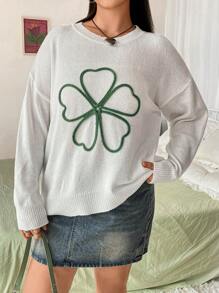 Flirla Plus Size Stylish Floral Embroidery Round Neck Sweater