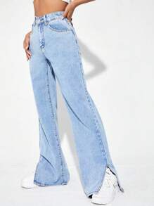 SHEIN ICON Zipper Fly Ripped Detail Split Hem Wide Leg Jeans - Light Wash - View 4