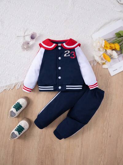 Boys' Digital Number Printed Long-sleeved Color-blocking Cardigan And Pants Set With Buttons