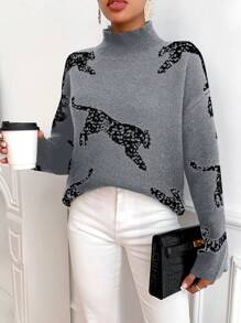 SHEIN Essnce Suéter De Patrón Animal Con Cuello De Soporte Y Mangas De Caída En Hombros