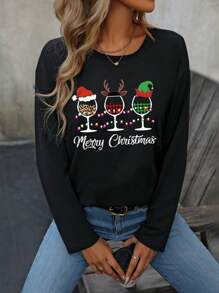 SHEIN LUNE 女士圣诞主题印花长袖T恤，春季女式上衣 - 黑色 - 查看 4