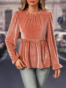 SHEIN LUNE 女性燈籠袖襯衫帶荷葉邊 - 藕粉色 - 查看 3