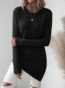 SHEIN Solid Color Asymmetrical Hem Drop Shoulder Sweater,Long Sleeve Tops Knit Pullover Fall Winter Sweater - Black - View 6