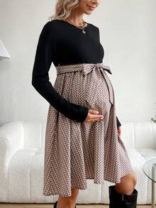 SHEIN Maternity Stylish Patchwork Long Sleeve Dress - Multicolor - View 3