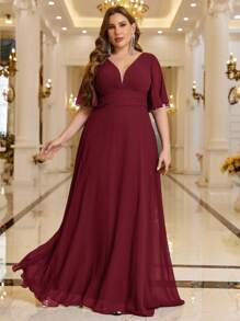 SHEIN Belle Plus Plunging Neck Butterfly Sleeve Chiffon Bridesmaid Dress - Burgundy - View 4