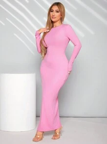 SHEIN SXY 女士性感修身長袖長裙 - 粉色 - 查看 3