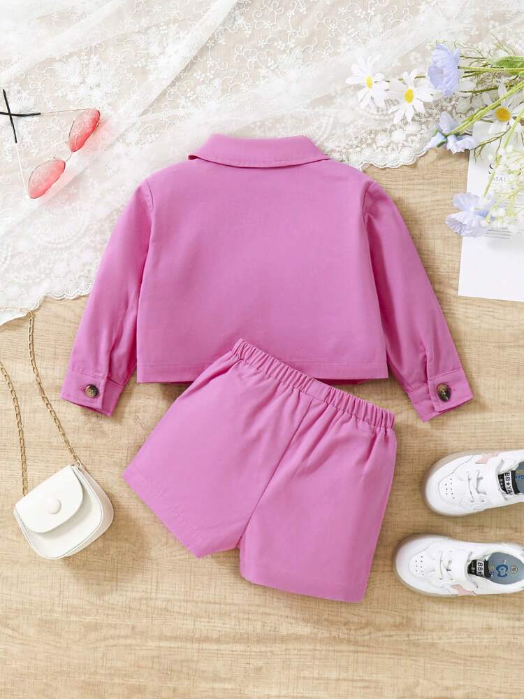 Baby Girls' Casual Pink Long Sleeve Shirt With Elastic Waistband Shorts Set