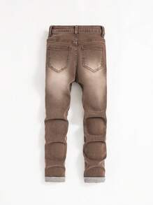 SHEIN Tween Boy's Washed Denim Jeans, Handsome And Versatile, Suitable For Daily Wear And Outings In Spring And Autumn - Coffee Brown - View 2