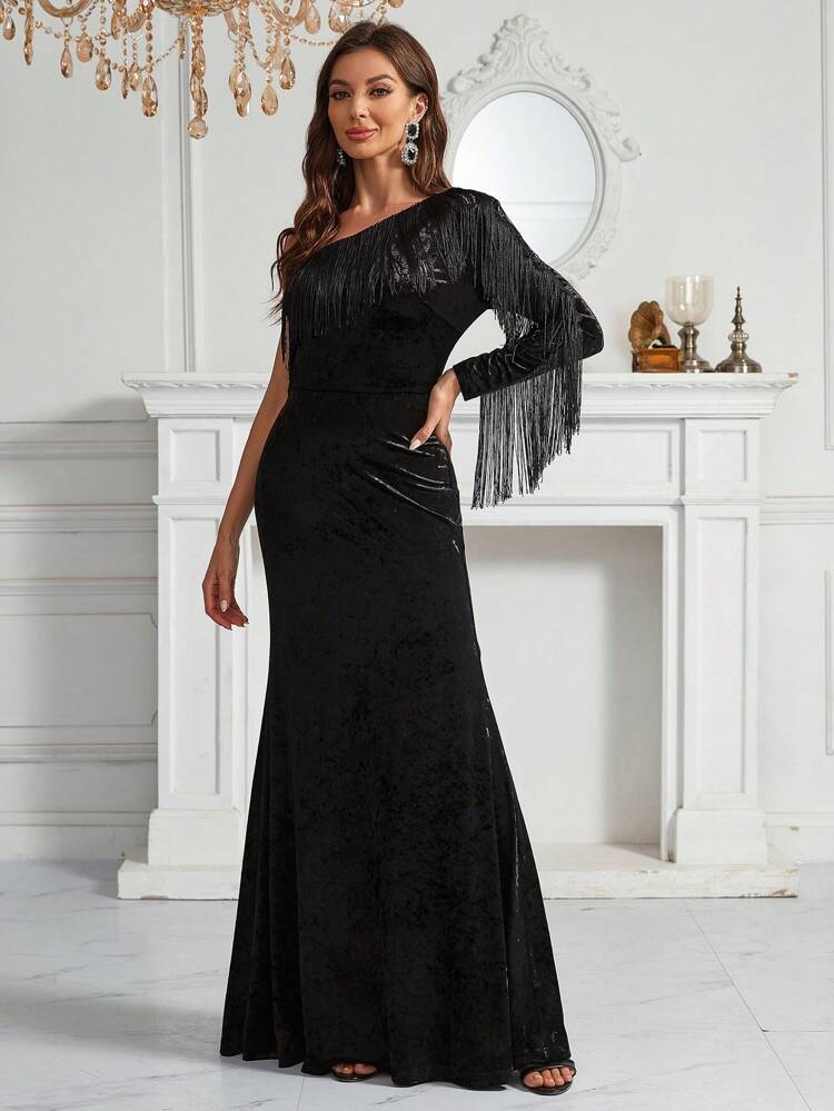 Women's One-shoulder Tassel Decorated Mermaid Dress, Evening Formal Gown (heavy Work)