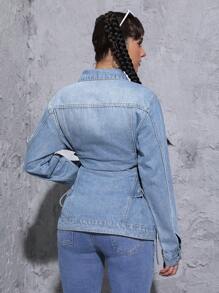 SHEIN EZwear Chaqueta De Mezclilla Para Mujer Con Cintura Ajustada Con Cordones En El Costado - Azul lavado medio - Ver 2