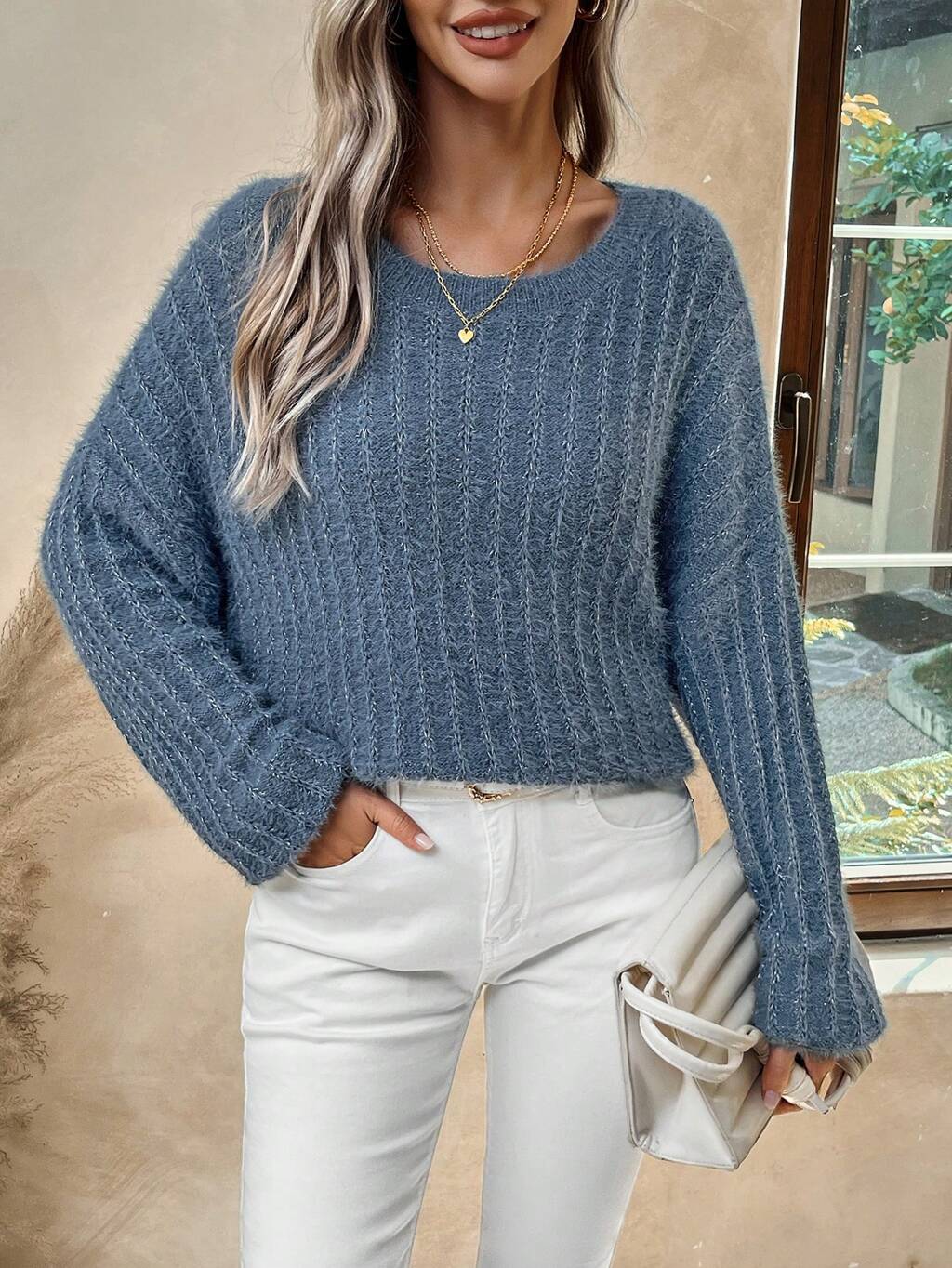 Batwing Sleeve Ribbed Knit Sweater