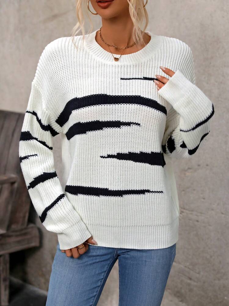 Women's Drop Shoulder Sweater With Color Blocking Knit Pullover Fall Winter Sweater