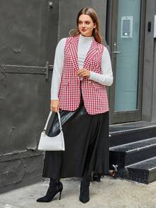 SHEIN Privé 大碼千鳥格印花馬甲西裝外套 - 紅色 - 查看 3