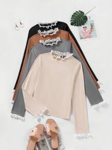 SHEIN LUNE 4pcs Lace Splice Long Sleeve T-shirts - Multicolor - View 1