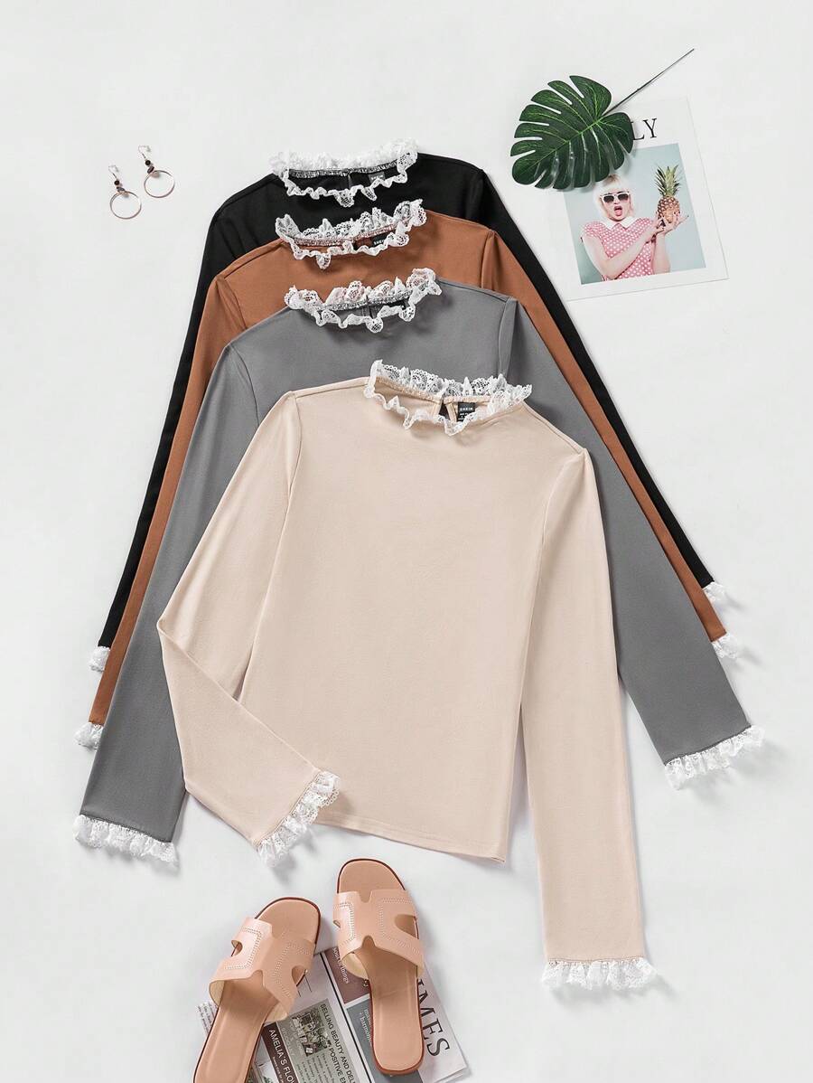 SHEIN LUNE 4pcs Lace Splice Long Sleeve T-shirts - Multicolor - View 1