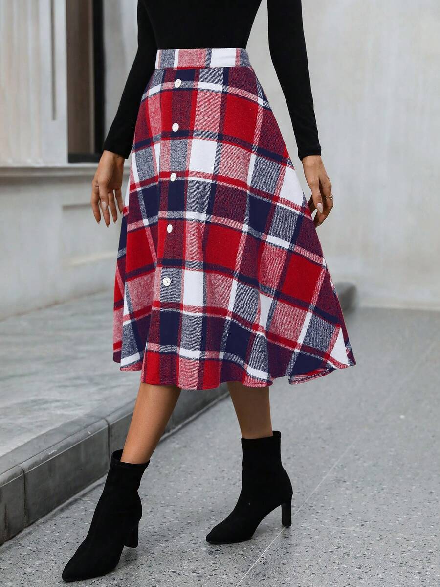 SHEIN LUNE 格紋連結裝飾中長裙 - 紅色 - 查看 1